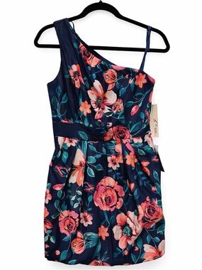 Navy One Shoulder Floral Mini Dress